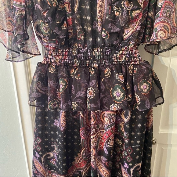 MISA L.os Angeles Black Paisley Sz M Dress Semi-Sheer 3/4 Flutter Sleeve Deep V - Picture 9 of 13